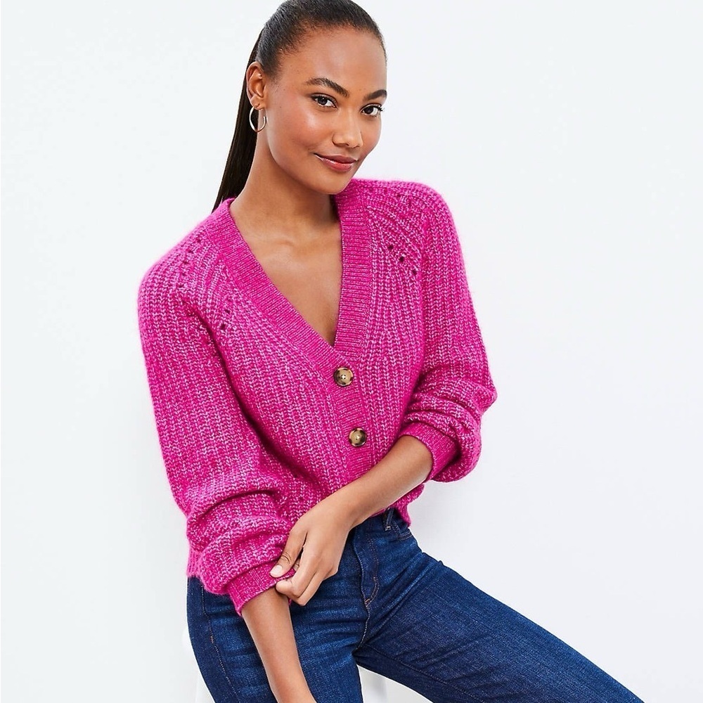 Loft Magenta Pointelle V-Neck Button Up Knit Cardigan Women’s Size Small NWOT